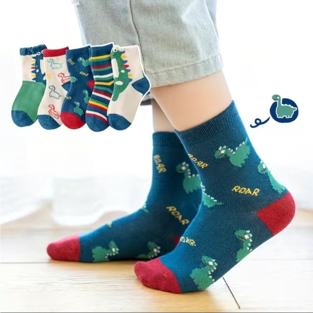 5 Pairs Boys Casual Dino Pattern Print Knit Comfy Crew Sock Size 1-3 yrs